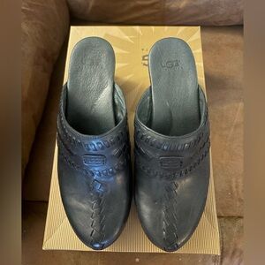 UGG Black Leather Slip-On Clogs